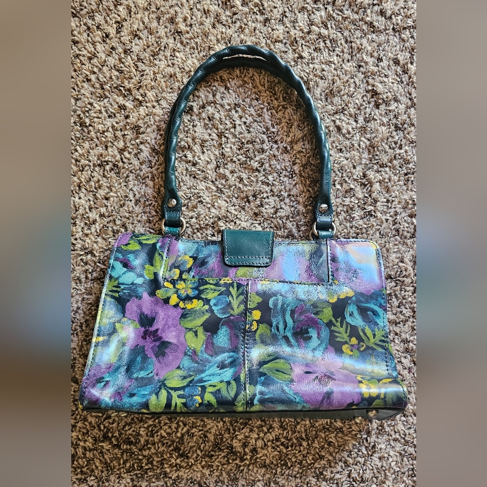 Patricia Nash Teal Floral Leather Tote Bag with Purple & Yellow Accents - Picture 4 of 13